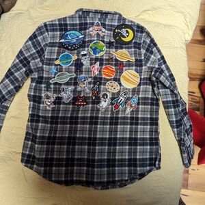 Old Navy Blue Plaid Shirt with Space Patches